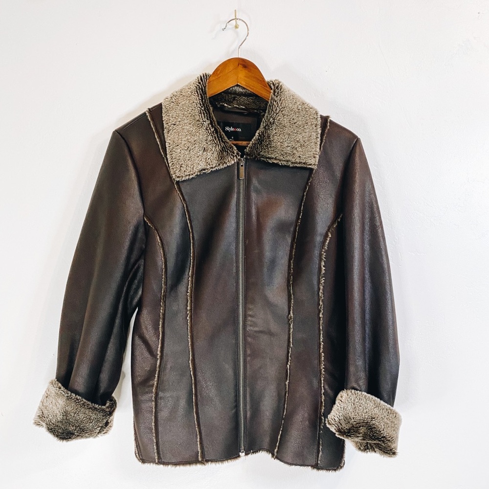 Style & Co. Brown Faux Fur and Leather Coat